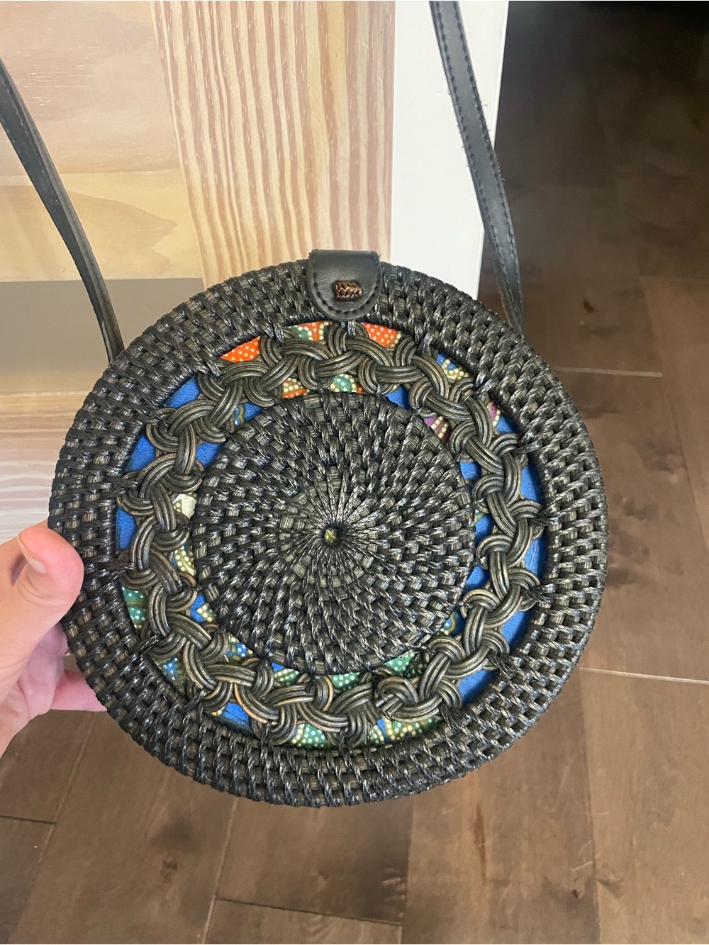 Bohemian Black Round Woven Crossbody Bag with Blue Accent